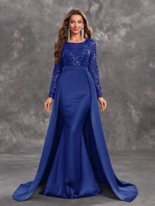 YISIKADO Women Sequin Contrast Satin Ball Gown Elegant Modest Evening Dress Long Sleeve Round Neck Maxi Dress For Wedding Guest Graduation Banquet Dinner - Royal Blue - View 4