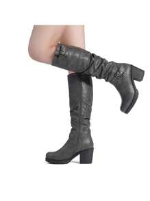 Women's Black Stylish Chunky Heel Knee High Fur Lining Warm Boots - 灰色 - 查看 9