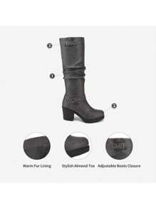 Women's Black Stylish Chunky Heel Knee High Fur Lining Warm Boots - 灰色 - 查看 6