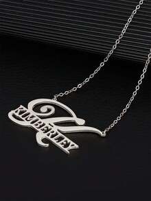 Customized Initials Necklace, Middle Filled Name Pendant Necklace, Fashion Stainless Steel Necklace, Initial Name Plate Chain Choker Laser Cutting Custom Necklace For Women Jewelry Gift Accessories Party Birthday Gift - Silver - View 4