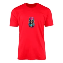 Colorful Skull T-Shirt 100% Cotton Premium Quality Print - 紅色 - 查看 1