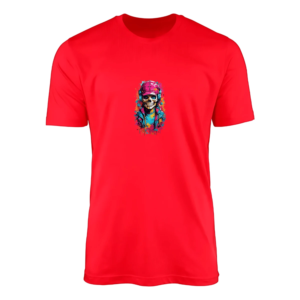 Colorful Skull T-Shirt 100% Cotton Premium Quality Print - 紅色 - 查看 1