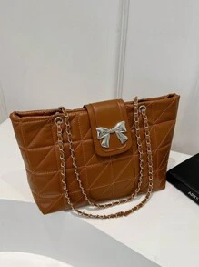 Bolsa de Ombro com Zíper de Corrente e Acolchoado de Cor Sólida Elegante