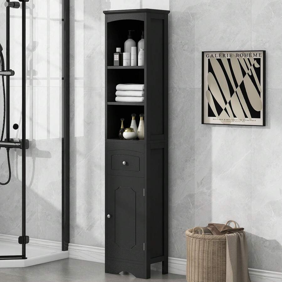 Dolonm Tall Bathroom Cabinet With Doors, Drawers, And Adjustable Shelves - 66.9 In. Tall Freestanding Storage Cabinet With 1 Door, 1 Drawer, And 3 Open Shelves, MDF, Bathroom, Toilet, Living Room, And Kitchen Linen Towers Corner Storage Cabinets - 黑色 - 查看 1