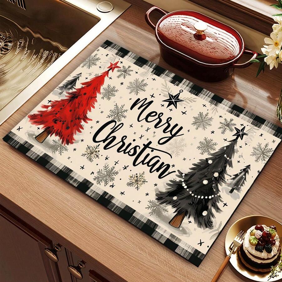 1 件圣诞印花咖啡吧垫、排水垫、硅胶咖啡机排水垫、软橡胶排水垫、防滑、超吸水且耐用的碗碟干燥垫，适用于台面、餐厅、厨房桌子、露台餐厅、家庭厨房装饰、圣诞桌面装饰