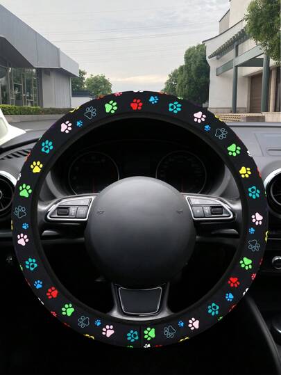 1pc Cartoon Footprint Printed Steering Wheel Cover, Universal Size 36-38cm Diameter For Cars,Car Accessories