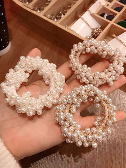 3pcs Women's White And Gold 9cm/3.54in Faux Pearl Hair Ties, Fashionable And Versatile High-End Simple Style Hair Accessories, Suitable For Daily Wear, Casual Parties, Commutes, And Holidays, Perfect For Ponytails, Buns, Washing Faces, Applying Makeup, And Matching Clothing.,School Ponytail Holders Hair Elastics Hair Rubber Bands Scrunchies Hair Rope Elastic Hair Tie, Hair Bobbles Head Accessories Elastic Band