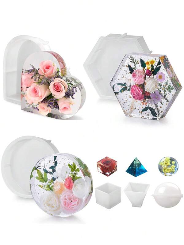 Large Resin Molds Silicone, Epoxy Resin Casting Craft Mold For Flower Preservation Bookends DIY Art(Large Hexagon+Heart+Round) Valentines