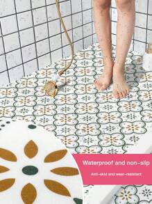 5 piezas de baldosas de piso autoadhesivas de PVC, diseño de mosaico simple, resistente a rayones, impermeable, adhesivo de alta resistencia, fácil de cortar, para renovación del hogar - flor verde - Ver 7