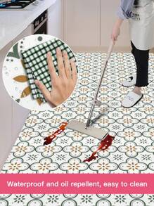 5 piezas de baldosas de piso autoadhesivas de PVC, diseño de mosaico simple, resistente a rayones, impermeable, adhesivo de alta resistencia, fácil de cortar, para renovación del hogar - flor verde - Ver 2