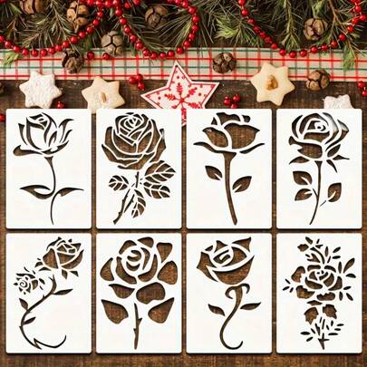 Set Of 8 (5"/12.7cm*7"/17.8cm) Flower Texture Template Theme Templates Reusable Rose Template DIY Art Flower Template For Painting On Wood Wall Fabric Furniture
