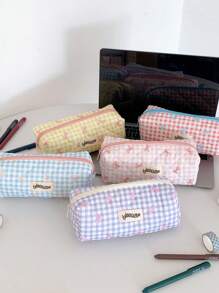 1 pieza Estuche de lápices con lazo y estampado a cuadros, estilo fresco, diseño coreano de vuelta a la escuela, útiles escolares, estuche de lápices, mochila escolar