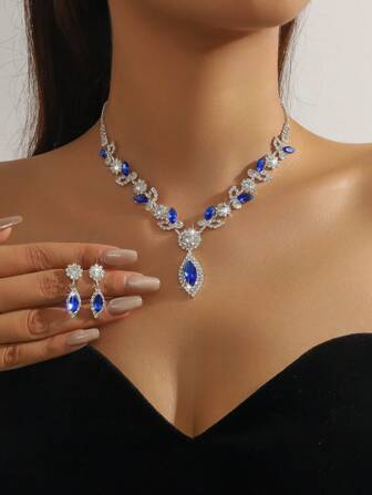 3pcs/Set Luxury Rhinestone-Embellished Navy Blue Necklace And Earrings Set, Elegant Lady Jewelry For Weddings, Parties, Holidays And Gifts