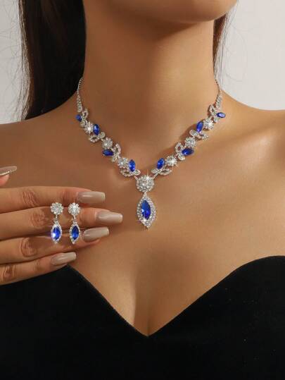3pcs/Set Luxury Rhinestone-Embellished Navy Blue Necklace And Earrings Set, Elegant Lady Jewelry For Weddings, Parties, Holidays And Gifts
