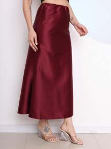 Domi Modas-Women's Long Satin High Waist Skirt New Collection C172 - Màu Đỏ Sâu - Xem 3