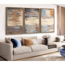 Large Framed Wall Art - Natural Float Framed Colorful Canvas Pictures For Living Room Decor Contemporary Blue Beige Grey Lines Artwork For Bedroom Kitchen Home Office Decoration 60" X 28" Set Of 3