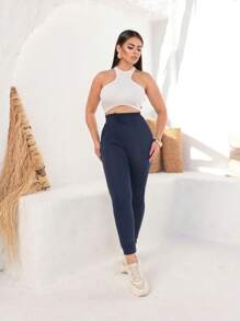 Women's High-Waisted Warm Jogger Pants - Navy Blue - View 4