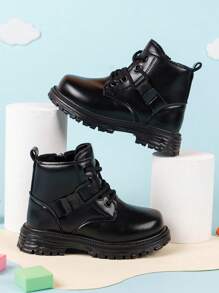 A Pair Of Unisex Baby Boots, Soft Soled Black And White Boots, Girls' Casual Boots, Boys' Leather Boots, Autumn And Winter Boots, Baby And Toddler Walking Shoes