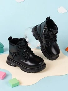 A Pair Of Unisex Baby Boots, Soft Soled Black And White Boots, Girls' Casual Boots, Boys' Leather Boots, Autumn And Winter Boots, Baby And Toddler Walking Shoes