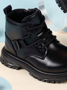 A Pair Of Unisex Baby Boots, Soft Soled Black And White Boots, Girls' Casual Boots, Boys' Leather Boots, Autumn And Winter Boots, Baby And Toddler Walking Shoes