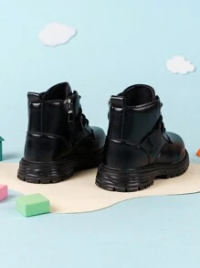 A Pair Of Unisex Baby Boots, Soft Soled Black And White Boots, Girls' Casual Boots, Boys' Leather Boots, Autumn And Winter Boots, Baby And Toddler Walking Shoes