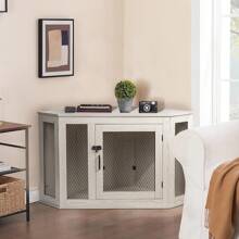 Corner Dog Crate Furniture, 44Inch Wooden Dog Kennel End Table With Mesh, Decorative Pet Crate Dog House For Large/Medium/Small Dog Indoor Use - White(23.6"L x 44.0"W x 26.4"H) - View 8
