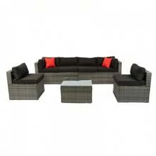 5 Pieces PE Rattan Sectional Outdoor Furniture Cushioned U Sofa Set With 2 Pillow Grey Wicker + Black Cushion - 黑色 - 查看 6
