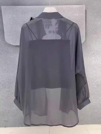 女士纯色前扣休闲卷袖衬衫，透明雪纺长袖衬衫，轻盈透气面料，优雅设计，适合办公室/派对穿着，春夏季