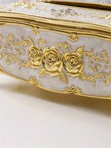 1pc European Rose Pattern Paper Towel Box, Suitable For Hotel, Restaurant, Home, Bathroom Paper Towel Storage And Desktop Decoration, Also Can Be Used For Home Bathroom Decor, Bathroom Storage, Autumn Decor And Back To School Decor. - Gold White - View 7