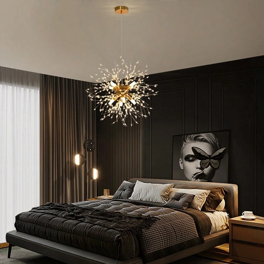 8 盏灯豪华水晶吊灯，蒲公英人造卫星吊灯天花板灯具金色吊灯适用于餐厅、厨房、客厅、餐厅（免费灯泡 * 8） - 蒲公英AC85-265V(含燈泡) - 查看 1