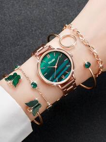 5pcs Women's Fashion Casual Quartz Watch With Green Dial & Roman Numerals + Bracelet Set - Rose Gold - View 1