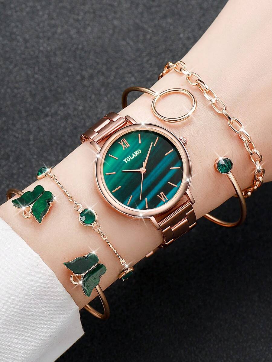 5pcs Women's Fashion Casual Quartz Watch With Green Dial & Roman Numerals + Bracelet Set - Rose Gold - View 1