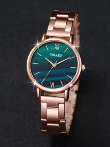 5pcs Women's Fashion Casual Quartz Watch With Green Dial & Roman Numerals + Bracelet Set - Rose Gold - View 8