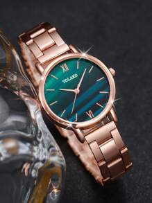 5pcs Women's Fashion Casual Quartz Watch With Green Dial & Roman Numerals + Bracelet Set - Rose Gold - View 7