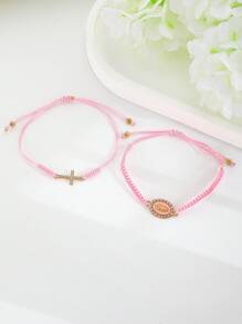 2pcs Set Of Handmade Woven Bracelets With Rhinestone Cross And Virgin Mary Charm, Suitable For Daily Wear And  Occasions - Multicolor - View 15