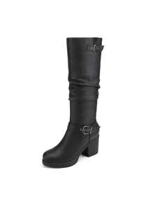 Women's Black Stylish Chunky Heel Knee High Fur Lining Warm Boots - Black - View 4