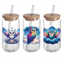 一套4个闪亮猫头鹰UV DTF自粘塑料杯贴，防水防刮3D水晶，适用于水杯和瓶子 - 高品质 - 彩色 - 查看 6