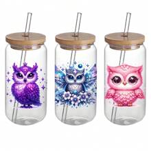 一套4个闪亮猫头鹰UV DTF自粘塑料杯贴，防水防刮3D水晶，适用于水杯和瓶子 - 高品质 - 彩色 - 查看 4