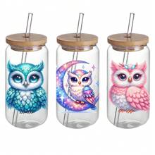 一套4个闪亮猫头鹰UV DTF自粘塑料杯贴，防水防刮3D水晶，适用于水杯和瓶子 - 高品质 - 彩色 - 查看 5