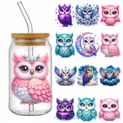 Set Of 4 Glitter Owls UV DTF Self-Adhesive Plastic Cup Wraps, Waterproof & Scratch-Resistant 3D Crystal For Tumblers & Bottles - High-Quality