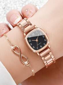 2pcs/Set Women's Casual Steel Strap Quartz Wrist Watch With Square Dial & 8-Shaped Bracelet