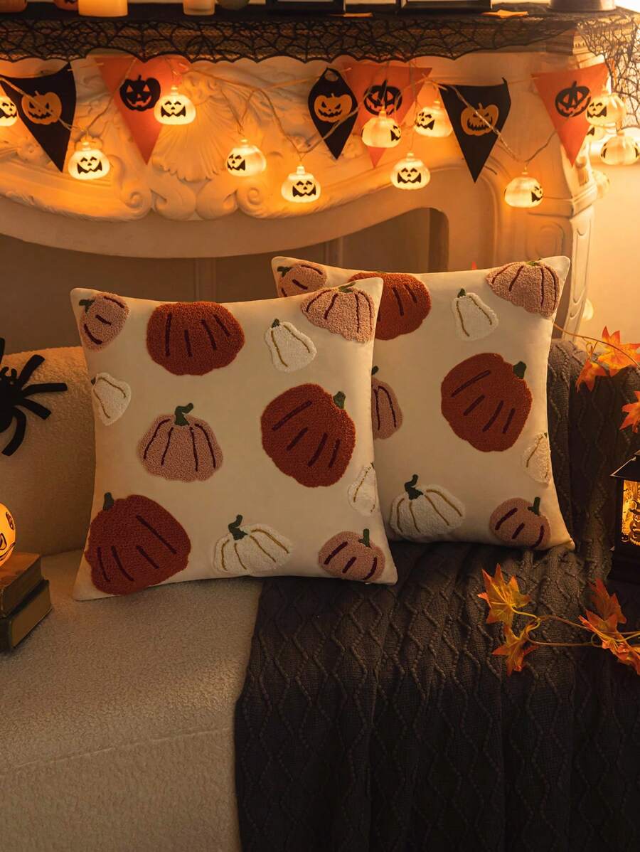 1 Vỏ Gối Thêu Halloween, Thích Hợp Cho Trang Trí Phòng Khách & Phòng Ngủ - trắng - Xem 1
