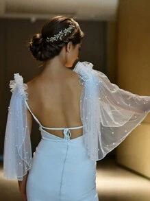 1 Pair Short Pearl Bridal Shawl, Fashionable White Pearl Shoulder Cape For Women, Suitable For Party, Wedding, Banquet