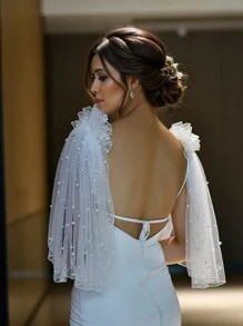 1 Pair Short Pearl Bridal Shawl, Fashionable White Pearl Shoulder Cape For Women, Suitable For Party, Wedding, Banquet