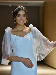 1 Pair Short Pearl Bridal Shawl, Fashionable White Pearl Shoulder Cape For Women, Suitable For Party, Wedding, Banquet