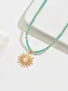 1pc Chic And Uncommon Design Beaded Sun, Star, Moon Shape Pendant Necklace For Women - Green - View 5