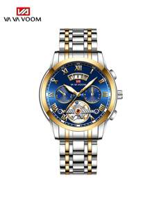 VA VA VOOM 1pc Men Watch Stainless Steel Fashion Watch Strap Analog Tourbillon Design Waterproof Calendar Sports Men's Quartz Watch - Blue - View 11