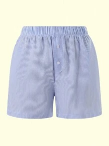 Short con elástico de rayas para mujer, estilo pijama corto de cintura baja, lindo short de boxeo, pantalón corto de descanso de verano, ropa de dormir - Azul - Ver 6