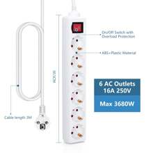Aigostar Regleta alargador de 6 enchufes con cable de 3 metros e interruptor. Color Blanco - Enchufe EU Tipo F(220-240V) - Ver 5
