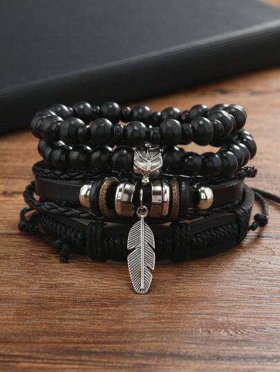4 Men's Dark Leather Beaded Adjustable Bracelets For Daily Decorations, Jewelry Gifts And Parties